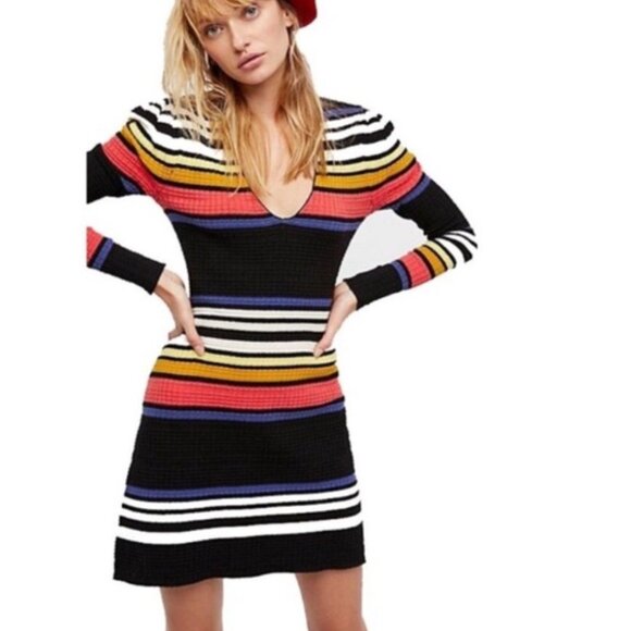 NWT Free People Gidget Knit Sweater Mini Dress Striped Size Large NEW - Picture 1 of 8
